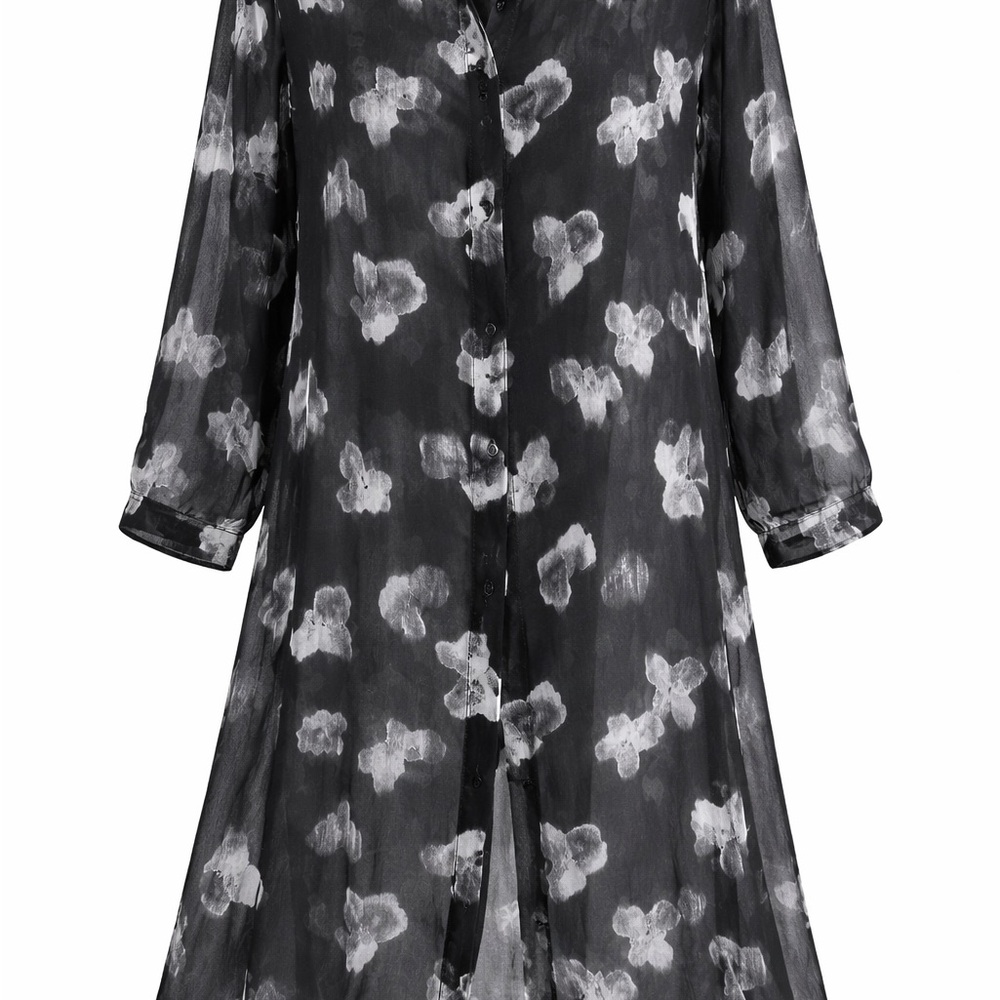 Avenue 30/32 Black & Grey Sheer Floral Button-Front Duster Shirt